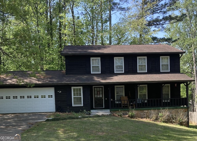 view of front of house featuring a shingled roof, an attached garage, a front lawn, aphalt driveway, and covered porch