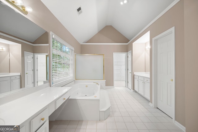 1382 Benbrooke Ln NW, Acworth, GA 30101 - bathroom featuring lofted ceiling, vanity, a whirlpool tub, tile patterned flooring, and a shower