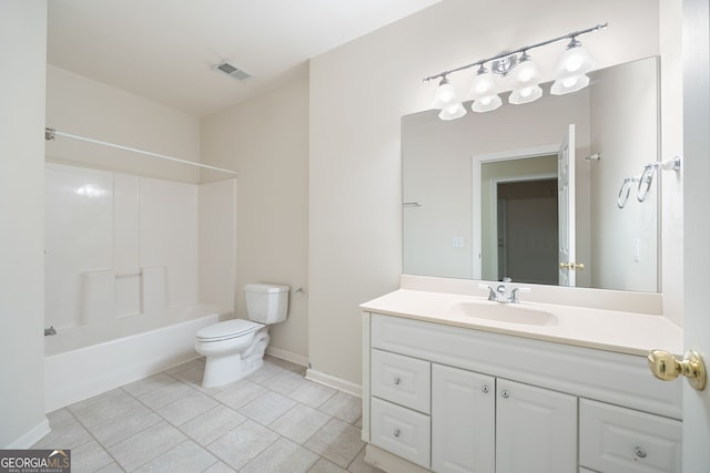 full bathroom featuring visible vents, tile patterned flooring, vanity, baseboards, and toilet