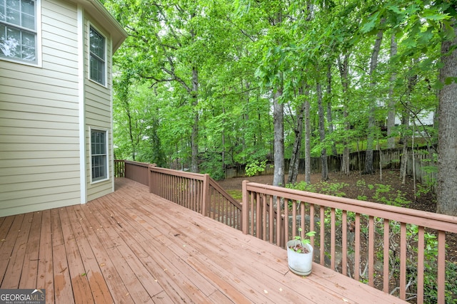 wooden deck with a fenced backyard