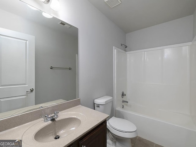 full bathroom with toilet, shower / bath combination, visible vents, and vanity