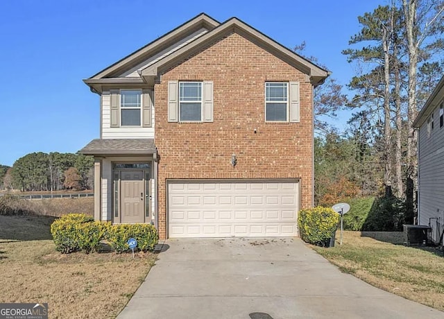 view of front of house with concrete driveway, brick siding, an attached garage, and central AC