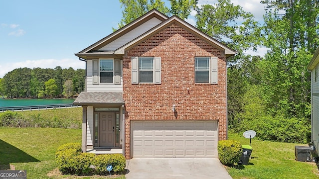 view of front of home featuring concrete driveway, brick siding, an attached garage, and a front lawn