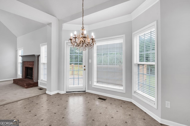 unfurnished dining area with a chandelier, baseboards, visible vents, and tile patterned floors