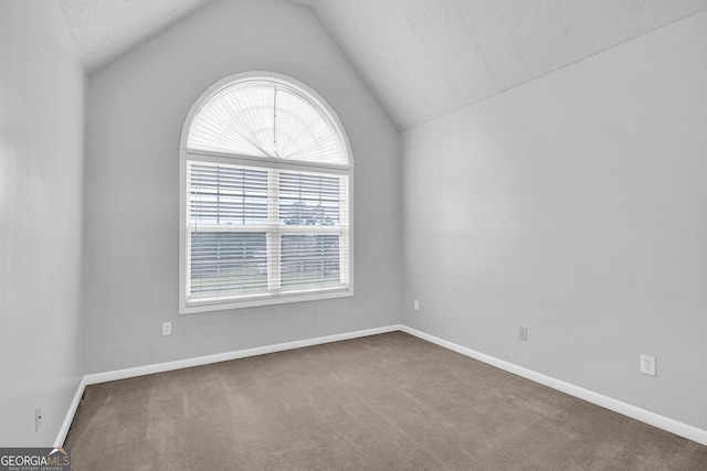 spare room with baseboards, lofted ceiling, and carpet floors