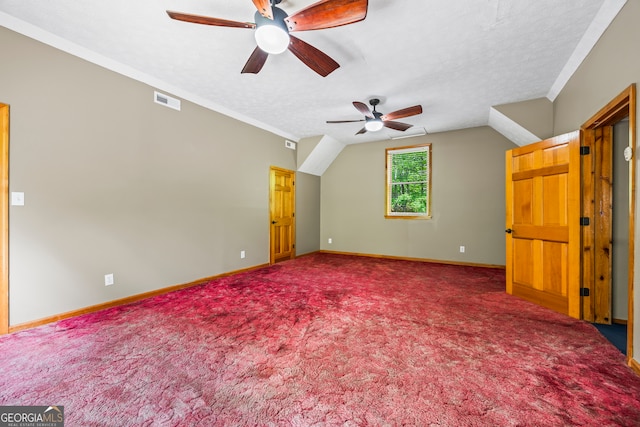 339 Ben Loudermilk Rd, Mount Airy, GA 30563 - additional living space with ceiling fan, visible vents, vaulted ceiling, baseboards, and carpet flooring