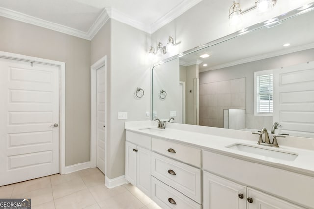 107 Amanda Trce, Kingsland, GA 31548 - bathroom with double vanity, crown molding, tile patterned flooring, baseboards, and a walk in shower