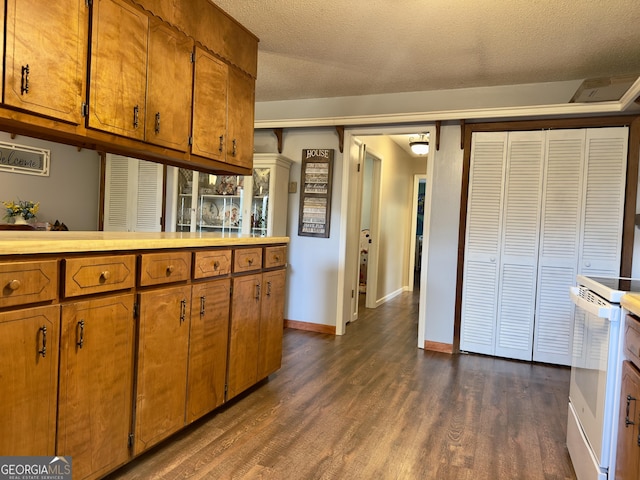 1685 Ridgeway Rd, Lafayette, GA 30728 - kitchen with electric range, brown cabinets, dark wood finished floors, and light countertops
