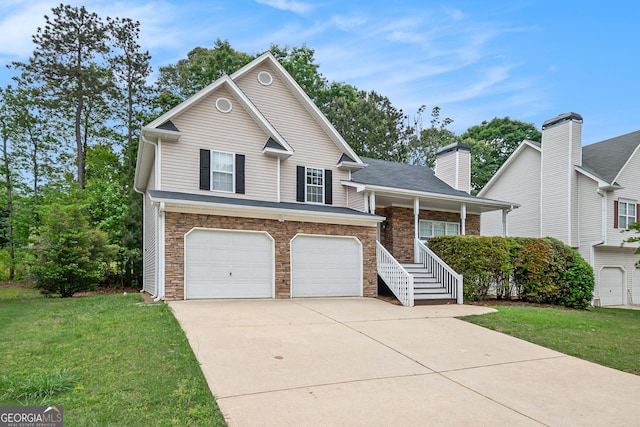 5975 Tate Dr, Austell, GA 30106 - split level home featuring covered porch, a front lawn, concrete driveway, an attached garage, and stone siding