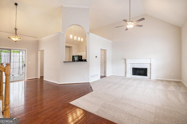 5975 Tate Dr, Austell, GA 30106 - unfurnished living room featuring visible vents, a ceiling fan, baseboards, and high vaulted ceiling