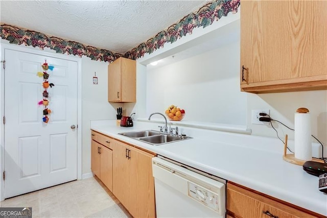 10202 Fairington Ridge Cir, Lithonia, GA 30038 - kitchen with light brown cabinets, light countertops, a textured ceiling, a sink, and dishwasher