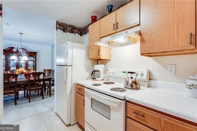 10202 Fairington Ridge Cir, Lithonia, GA 30038 - kitchen with light countertops, under cabinet range hood, white appliances, and a chandelier