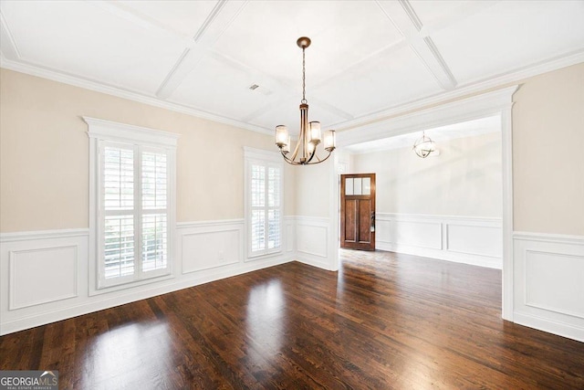 135 Broadleaf Dr, Macon, GA 31210 - unfurnished dining area featuring an inviting chandelier, coffered ceiling, wood finished floors, and wainscoting
