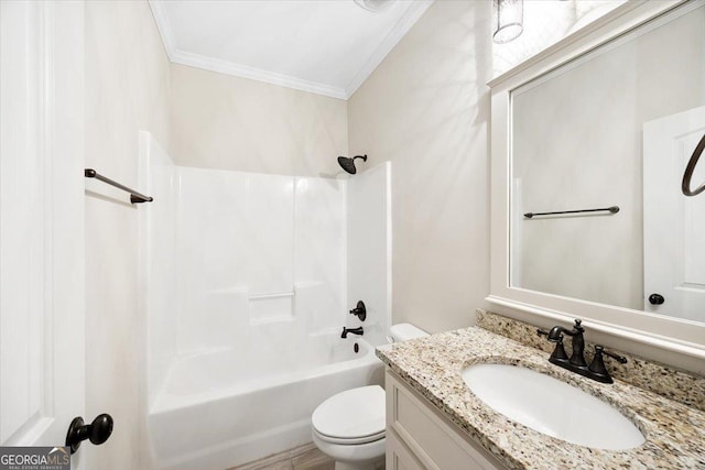 135 Broadleaf Dr, Macon, GA 31210 - bathroom featuring crown molding, vanity, shower / bathing tub combination, and toilet