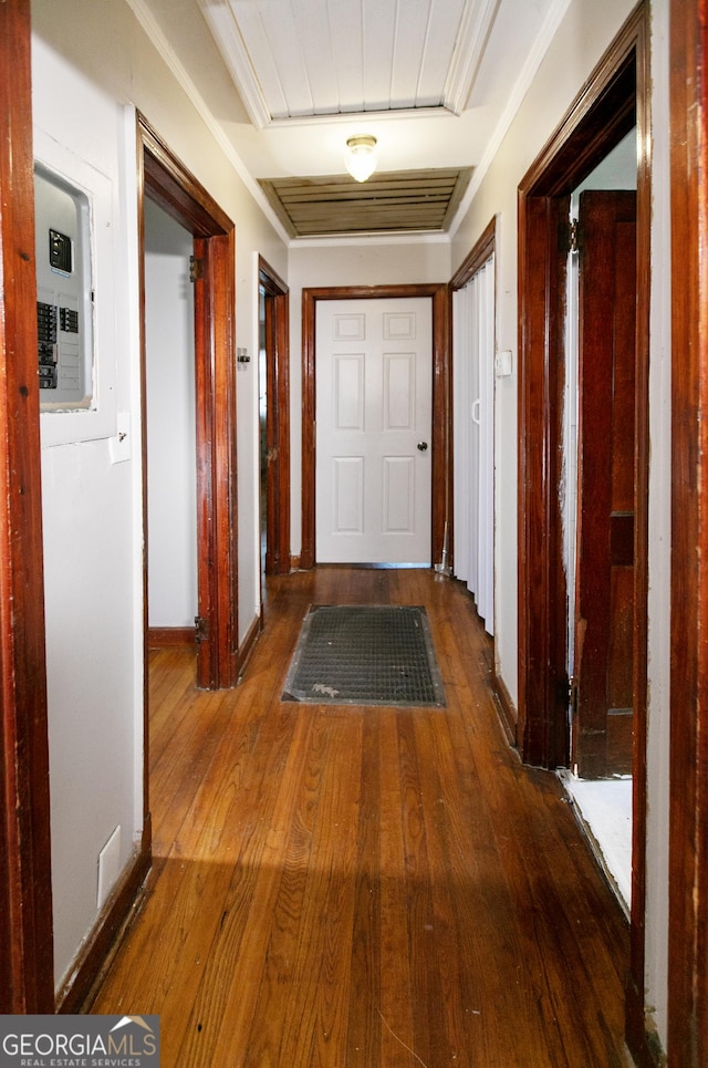 hall with baseboards, ornamental molding, wood finished floors, and electric panel