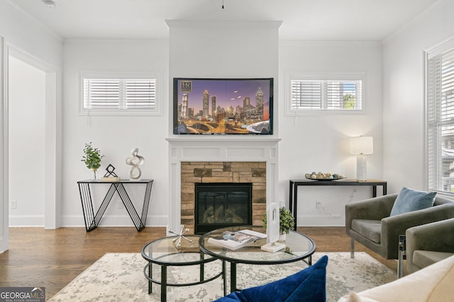 living room featuring baseboards, ornamental molding, wood finished floors, and a fireplace
