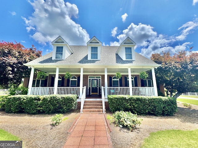 new england style home featuring covered porch, a shingled roof, and brick siding