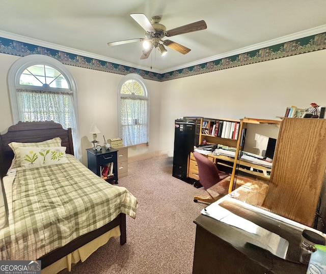 bedroom with crown molding, carpet flooring, a ceiling fan, and multiple windows