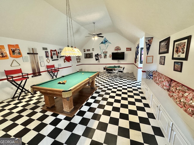 game room with pool table, ceiling fan, tile patterned floors, and lofted ceiling