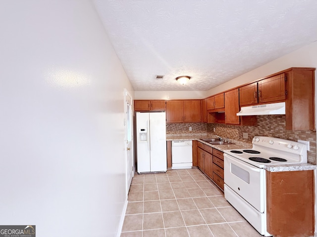 5349 Minnie Lee Dr, Columbus, GA 31907 - kitchen featuring white appliances, under cabinet range hood, light countertops, light tile patterned flooring, and backsplash