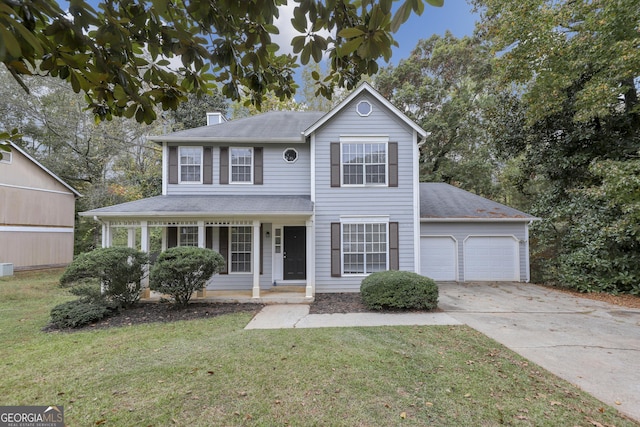 view of front of property featuring covered porch, driveway, a chimney, and a front lawn