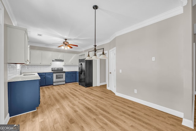 kitchen featuring black fridge with ice dispenser, stainless steel range with electric stovetop, under cabinet range hood, a sink, and blue cabinetry