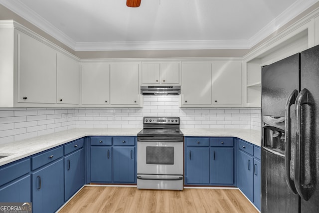 kitchen featuring crown molding, black fridge, blue cabinets, and stainless steel range with electric stovetop