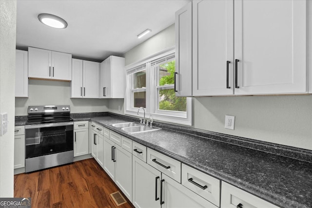 kitchen featuring a sink, dark wood finished floors, white cabinetry, and stainless steel range with electric stovetop