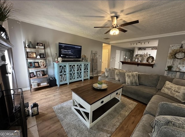 living area featuring ceiling fan, wood finished floors, ornamental molding, and a textured ceiling