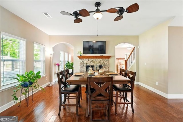 245 Tapestry Dr, Mcdonough, GA 30252 - dining space with baseboards, ceiling fan, visible vents, and wood finished floors