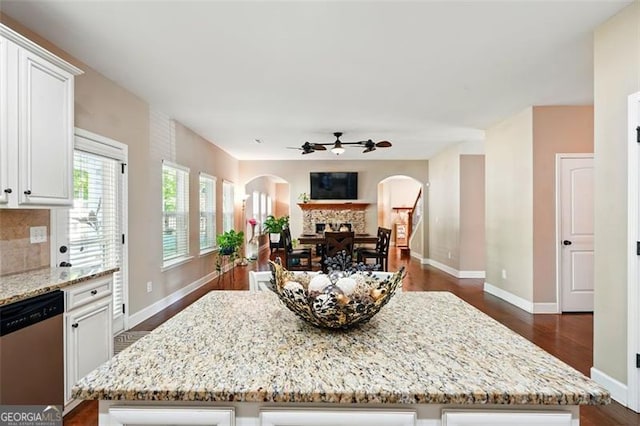 245 Tapestry Dr, Mcdonough, GA 30252 - kitchen with a ceiling fan, arched walkways, light stone countertops, dishwasher, and white cabinets