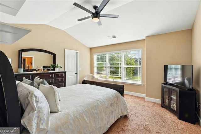 245 Tapestry Dr, Mcdonough, GA 30252 - bedroom featuring ceiling fan, light colored carpet, baseboards, lofted ceiling, and visible vents