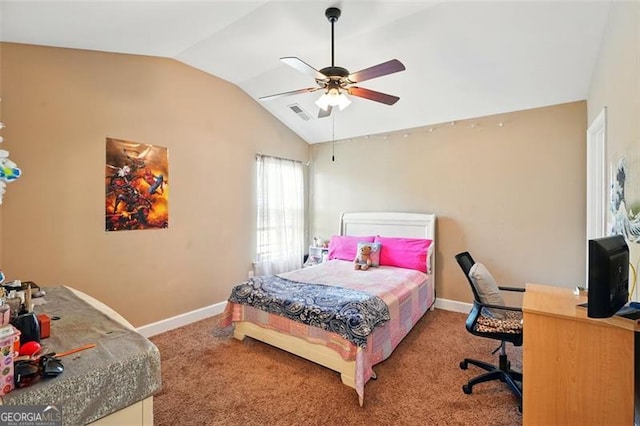 245 Tapestry Dr, Mcdonough, GA 30252 - bedroom with baseboards, carpet flooring, a ceiling fan, and lofted ceiling