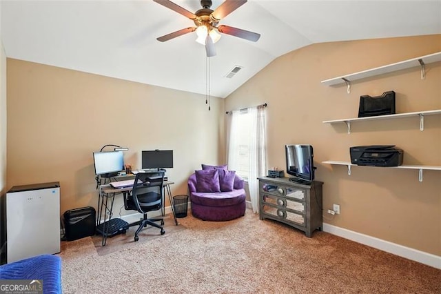 245 Tapestry Dr, Mcdonough, GA 30252 - home office featuring ceiling fan, visible vents, baseboards, carpet floors, and lofted ceiling