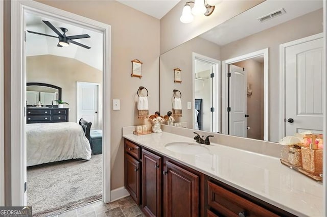 245 Tapestry Dr, Mcdonough, GA 30252 - bathroom featuring ceiling fan, ensuite bath, vanity, baseboards, and visible vents