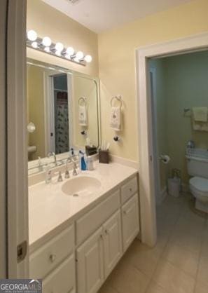 bathroom with tile patterned flooring, toilet, and vanity
