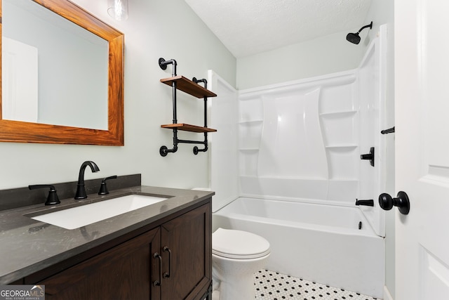 bathroom featuring toilet, bathtub / shower combination, tile patterned flooring, and vanity