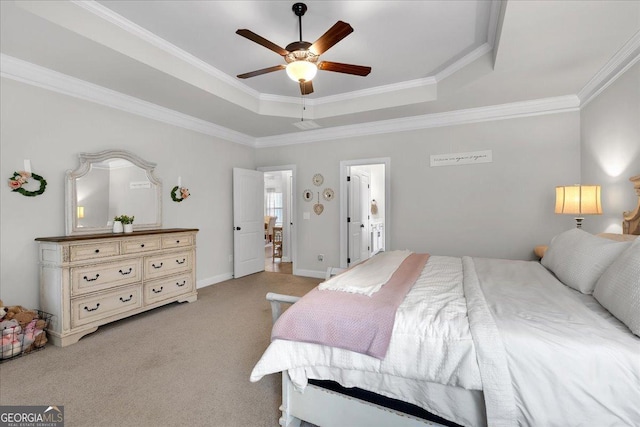 4575 Birch Way, Loganville, GA 30052 - bedroom with a raised ceiling, carpet floors, ornamental molding, baseboards, and a ceiling fan