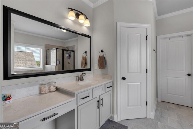 4575 Birch Way, Loganville, GA 30052 - full bathroom with a shower stall, vanity, ornamental molding, and baseboards