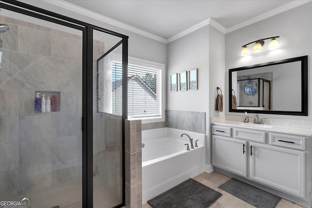 4575 Birch Way, Loganville, GA 30052 - full bathroom with a bath, a stall shower, vanity, ornamental molding, and tile patterned flooring