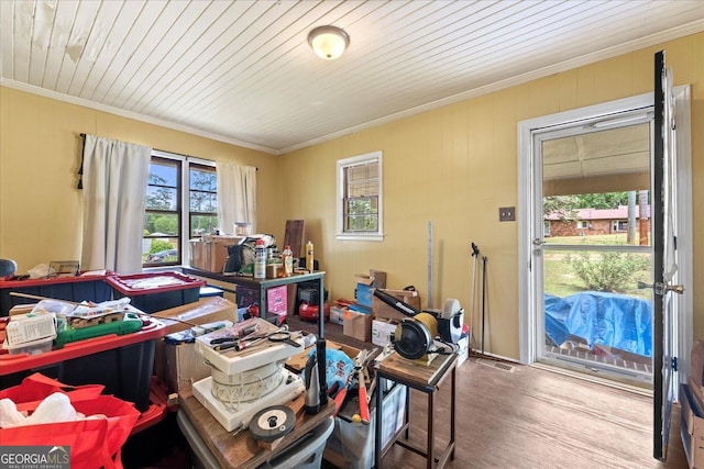829 Berkshire Dr, Washington, GA 30673 - office space with crown molding, visible vents, wooden ceiling, and wood finished floors
