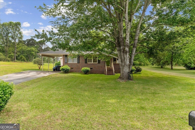 829 Berkshire Dr, Washington, GA 30673 - view of front of home with crawl space, driveway, brick siding, a front lawn, and an attached carport