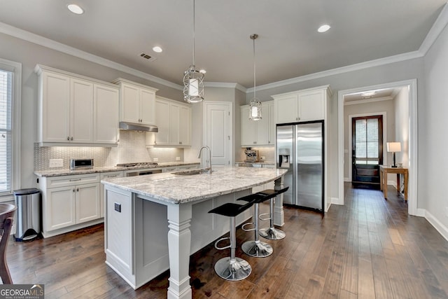 919 Olmsted Ln, Johns Creek, GA 30097 - kitchen with white cabinetry, stainless steel fridge with ice dispenser, visible vents, and a sink