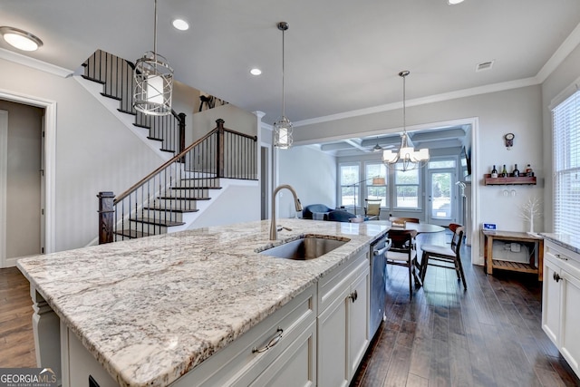 919 Olmsted Ln, Johns Creek, GA 30097 - kitchen featuring dishwasher, visible vents, a sink, white cabinets, and dark wood-style floors