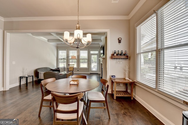 919 Olmsted Ln, Johns Creek, GA 30097 - dining area featuring coffered ceiling, a chandelier, beamed ceiling, and dark wood-style floors