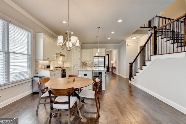 919 Olmsted Ln, Johns Creek, GA 30097 - dining area featuring stairs, recessed lighting, crown molding, a chandelier, and baseboards