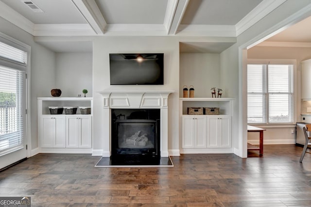 919 Olmsted Ln, Johns Creek, GA 30097 - living area with visible vents, beam ceiling, a fireplace with flush hearth, and dark wood-type flooring
