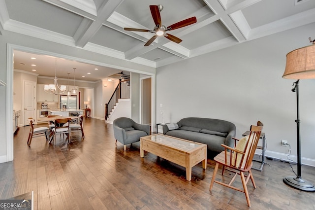 919 Olmsted Ln, Johns Creek, GA 30097 - living room featuring recessed lighting, coffered ceiling, stairs, wood finished floors, and beam ceiling