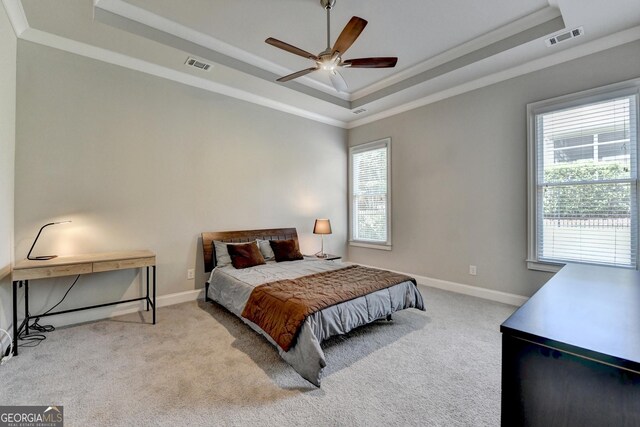 919 Olmsted Ln, Johns Creek, GA 30097 - carpeted bedroom featuring a tray ceiling, crown molding, baseboards, and visible vents