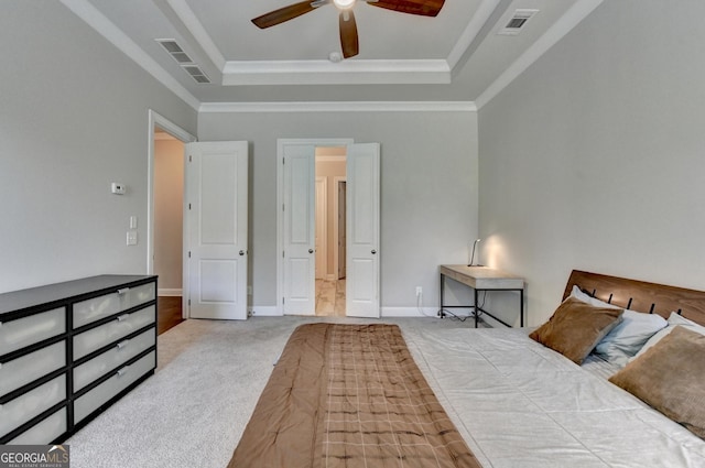919 Olmsted Ln, Johns Creek, GA 30097 - carpeted bedroom with crown molding, visible vents, a raised ceiling, and ceiling fan